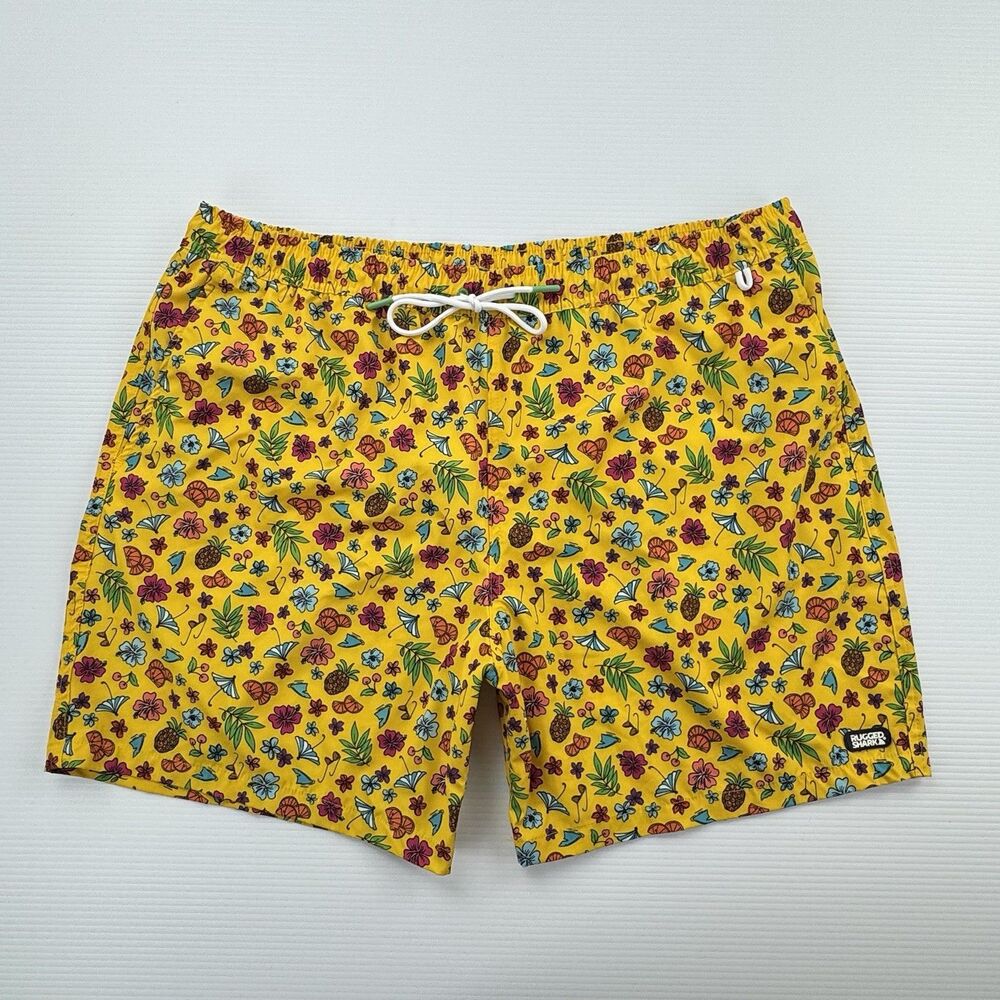Rugged Shark Men’s 3XL Yellow Tropical Floral Swim Trunks Lined Beach